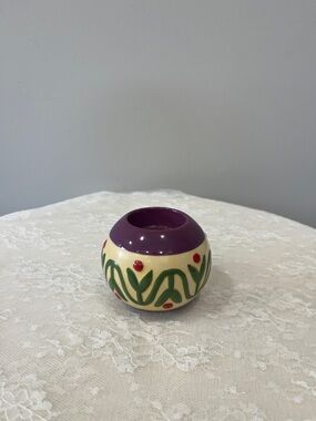 Jim Shore Collectible Round Floral Ceramic Candle Holder, Purple Cream
